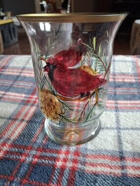 Holiday Cardinal Candle Tealight Etched Hurricane by Celebrations Hand-Painted